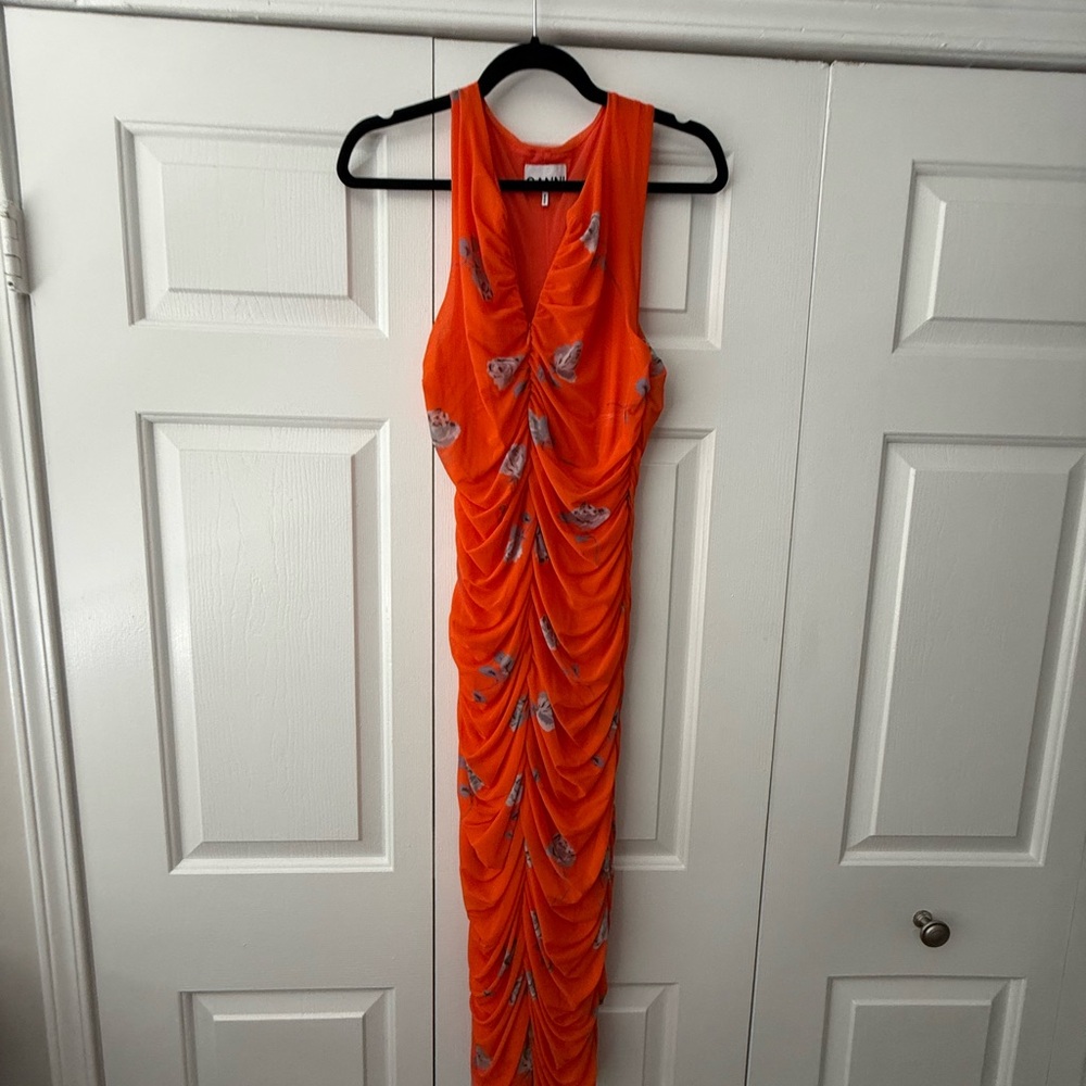 Ganni Vibrant Orange Maxi Dress with Embellishments